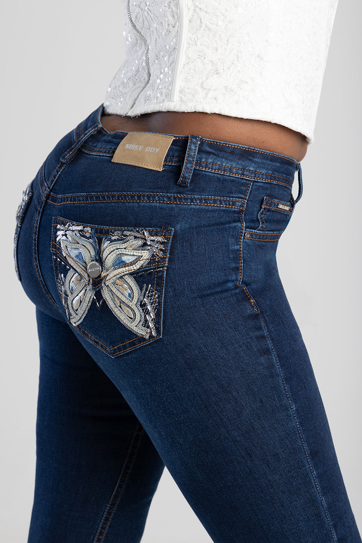 Full Pocket Embroidery Detail Mid Waist Skinny Jean - Dark Blue