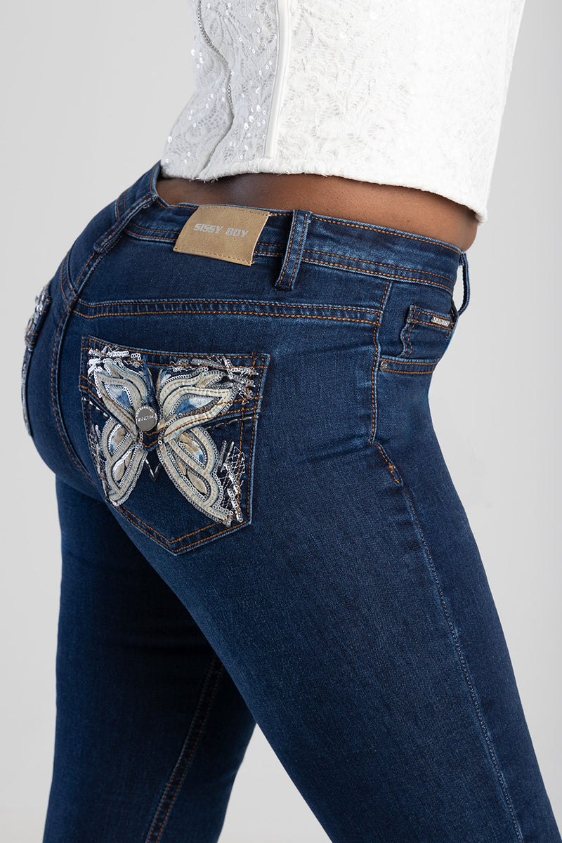 Full Pocket Embroidery Detail Mid Waist Skinny Jean - Dark Blue