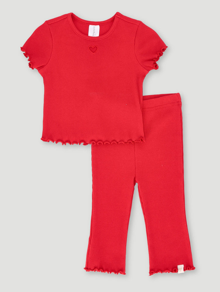 Baby Girls Embroidered Heart Ribbed Set - Red