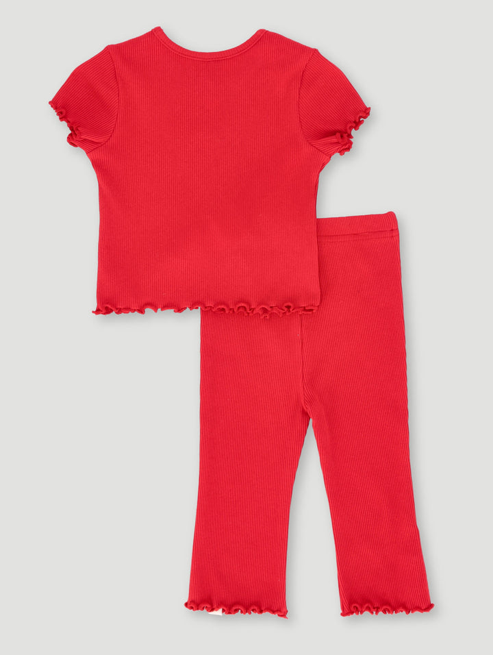 Baby Girls Embroidered Heart Ribbed Set - Red