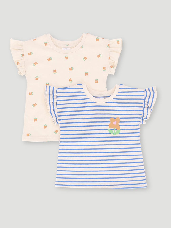 Baby Girls 2 Pack Flower Tee - Light Stone