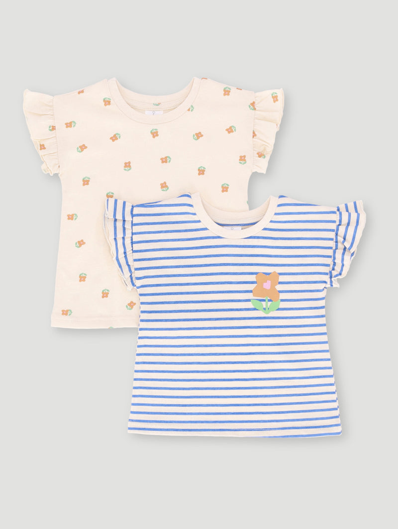 Baby Girls 2 Pack Flower Tee - Light Stone