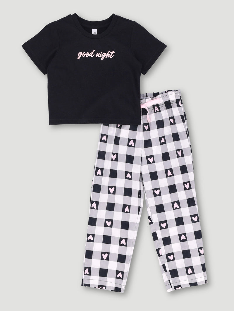 Pre-Girls Check Long Woven Pant Set - Black