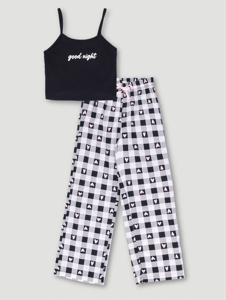 Girls Check Long Woven Pant Set - Black