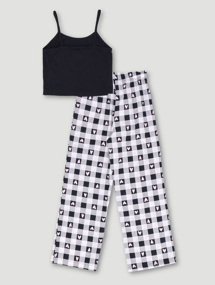 Girls Check Long Woven Pant Set - Black