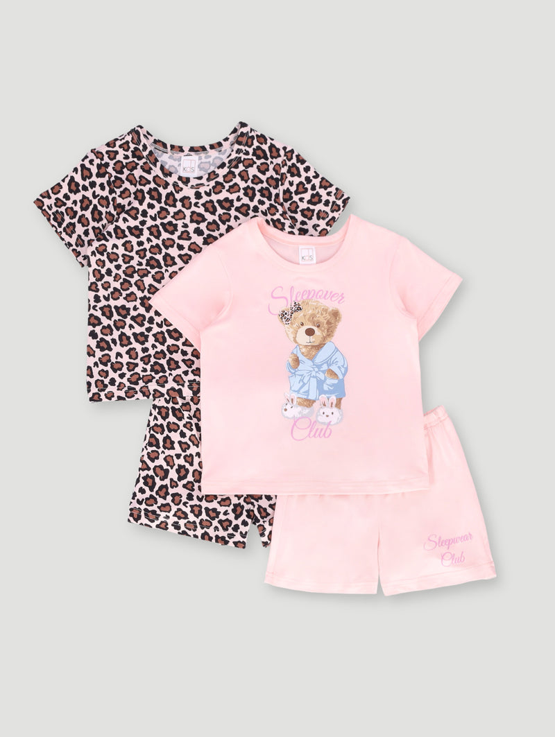 Pre-Girls 2 Pack Animal Print Bear Sleep Set - Peach