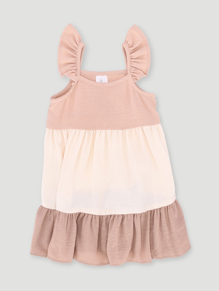 Baby Girls Crinkle Cotton Colourblock Dress - Natural