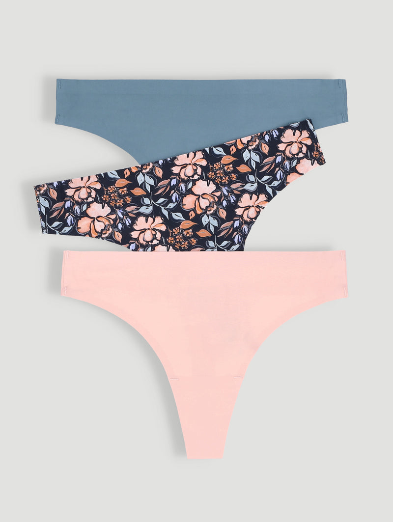 3 Pack Seamless Thong Panties - Rose/Floral/Blue