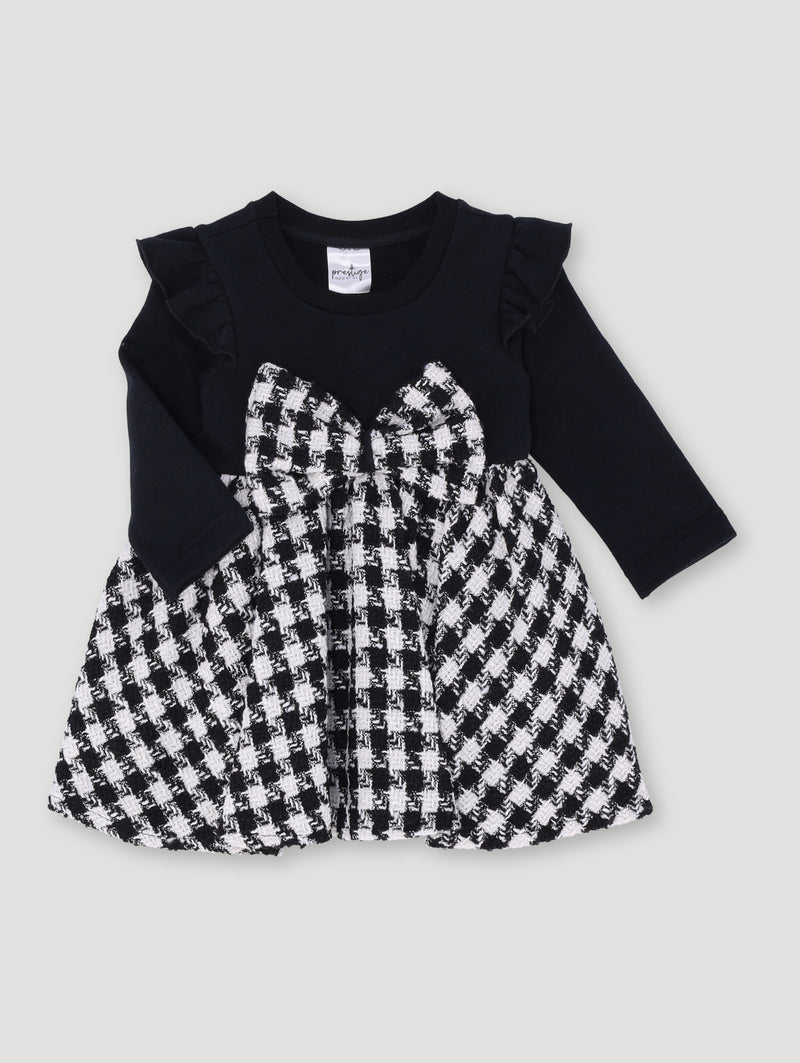 Baby Girls Check Dress With Bow - Black/White