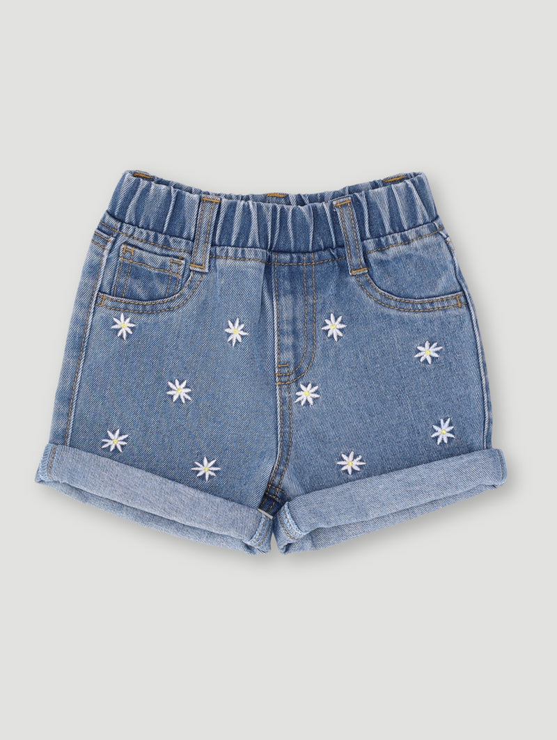 Baby Girls Embroidered Daisy Denim Short - Blue
