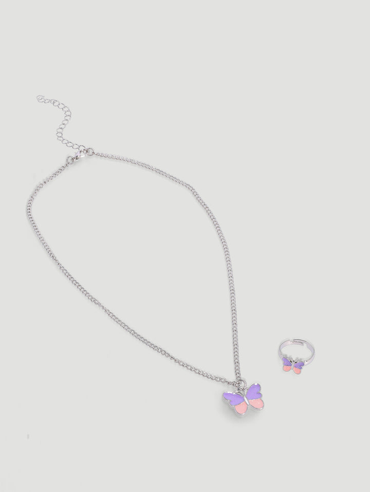 Pre-Girls Butterfly Necklace Earring & Ring Set - Lilac