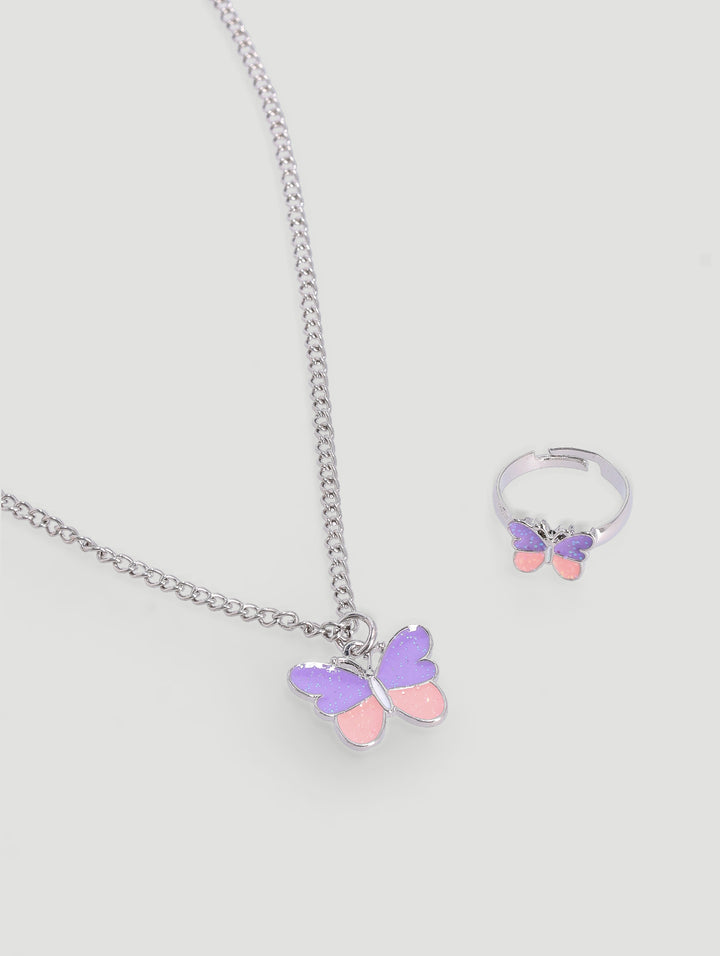 Pre-Girls Butterfly Necklace Earring & Ring Set - Lilac
