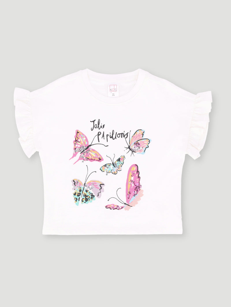 Pre- Girls Butterfly Sequins Tee - White