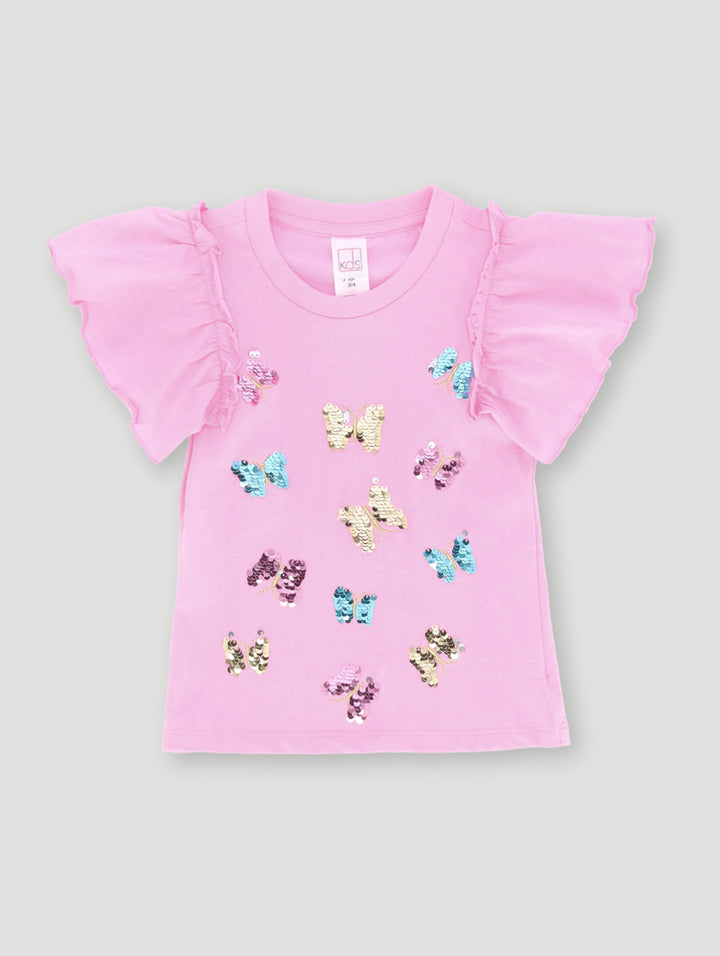 Pre-Girls Flower Embroidery Corduroy Tee - Pink