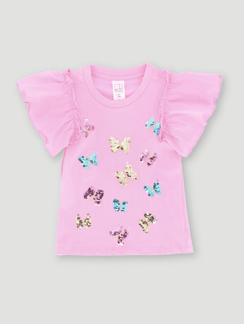 Pre-Girls Flower Embroidery Corduroy Tee - Pink