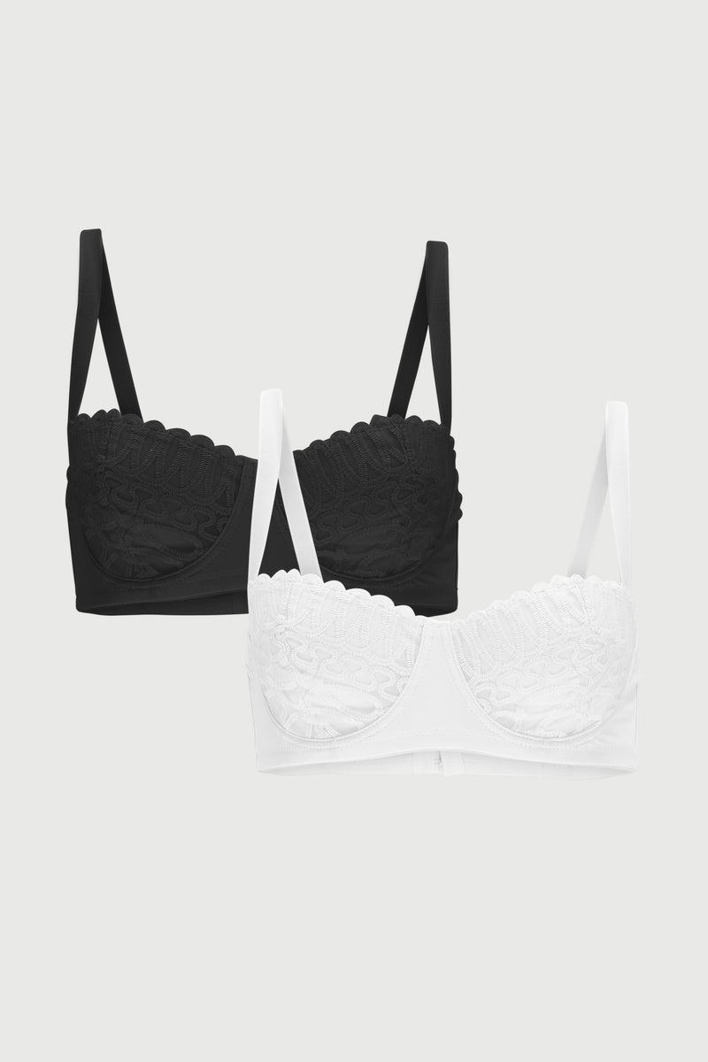 2 Pack Embroidered Mesh & Microfibre Balconette Bra - White/Black
