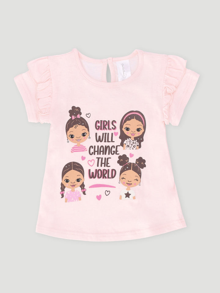 Baby Girls Frill Girls Will Change The World Tee - Dusty Pink