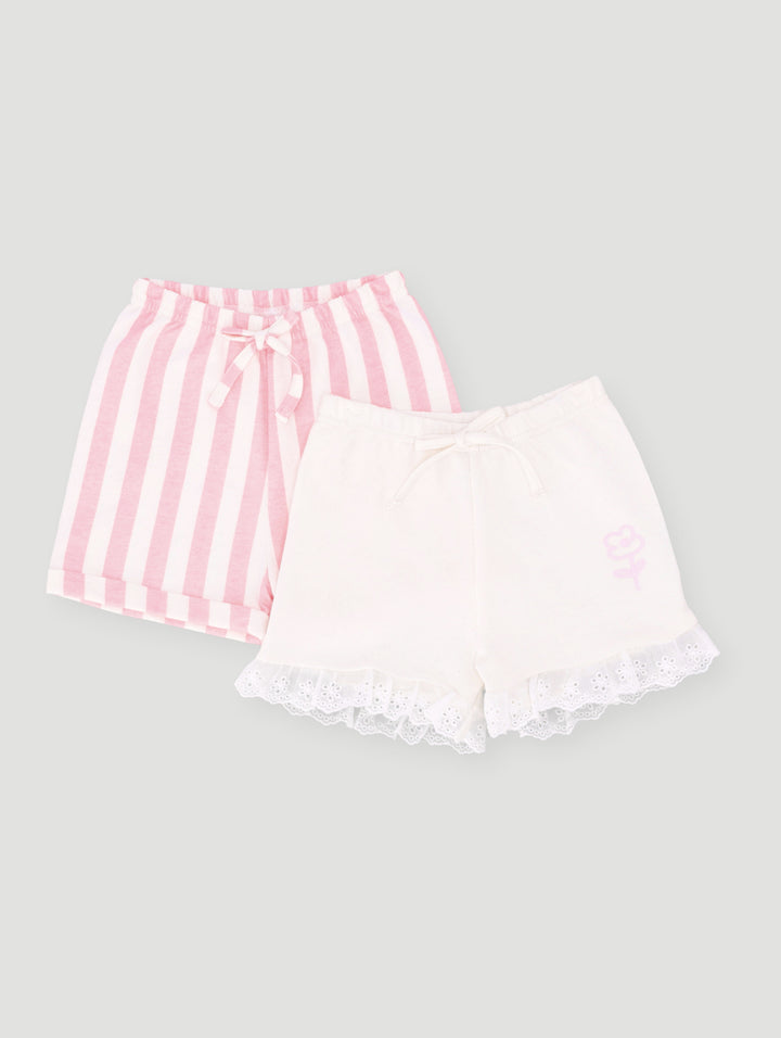 Baby Girls 2 Pack Stripes/Frills Short Set - Cream Multi