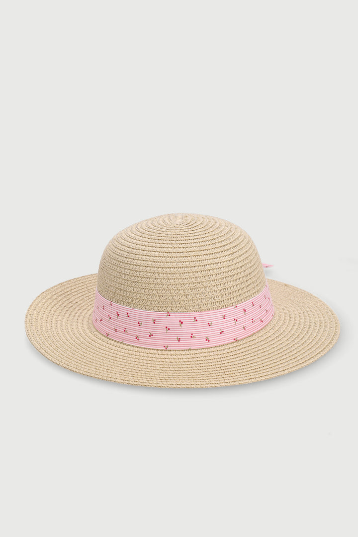 Baby Girls Cherry Bow Straw Hat - Beige