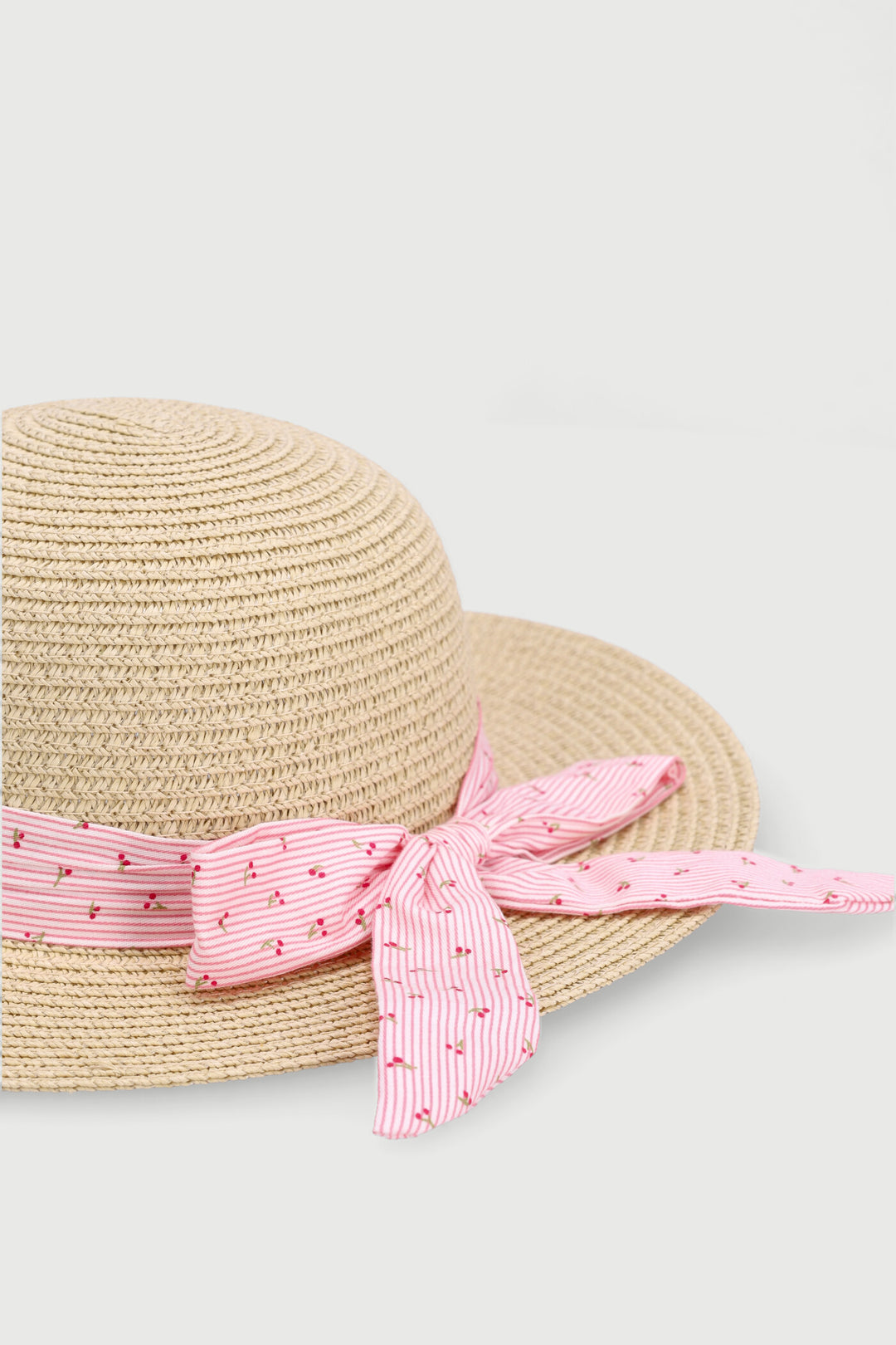 Baby Girls Cherry Bow Straw Hat - Beige