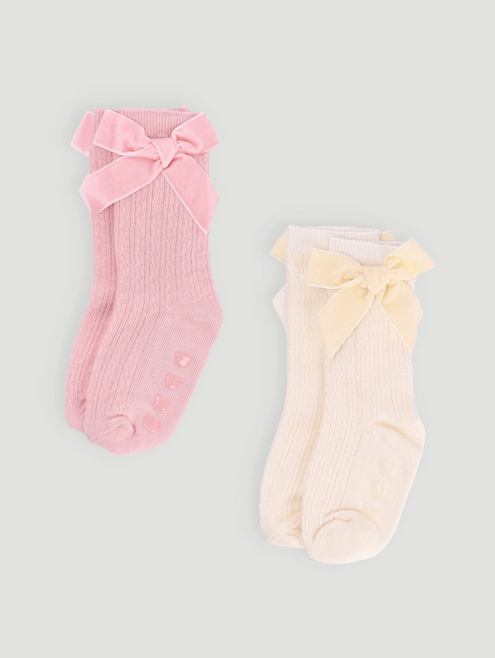 Baby Girls 2 Pack Bow Print Knee High Cotton Socks - Dusty Pink