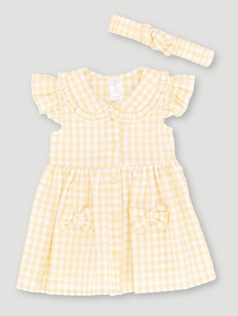 Baby Girls Gingham Woven Dress With Headband - Light Yellow
