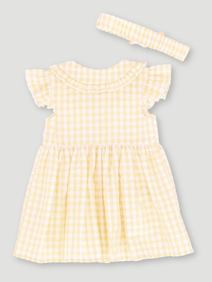 Baby Girls Gingham Woven Dress With Headband - Light Yellow