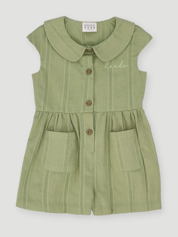 Keedo Baby Girls Embroidery Gingham Romper - Sage