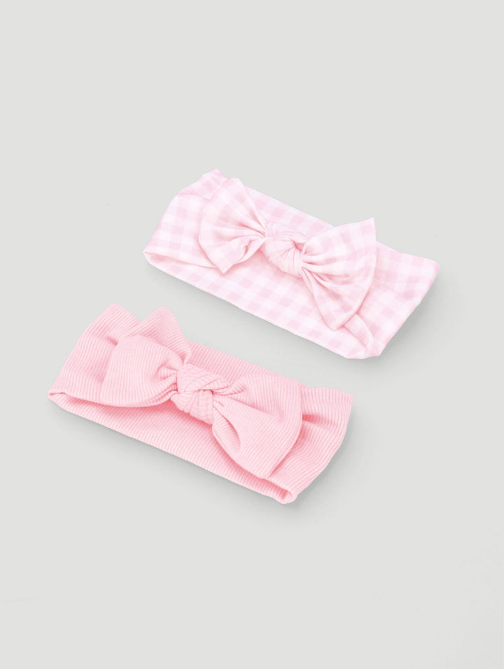 Baby Girls 2 Pack Gingham Printed Plain Headband - Pink