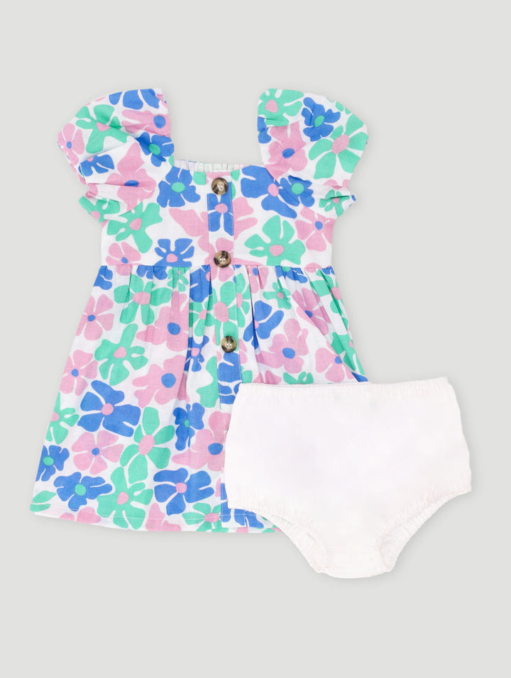 Baby Girls Bubble Sleeve Floral Print Dress - Blue