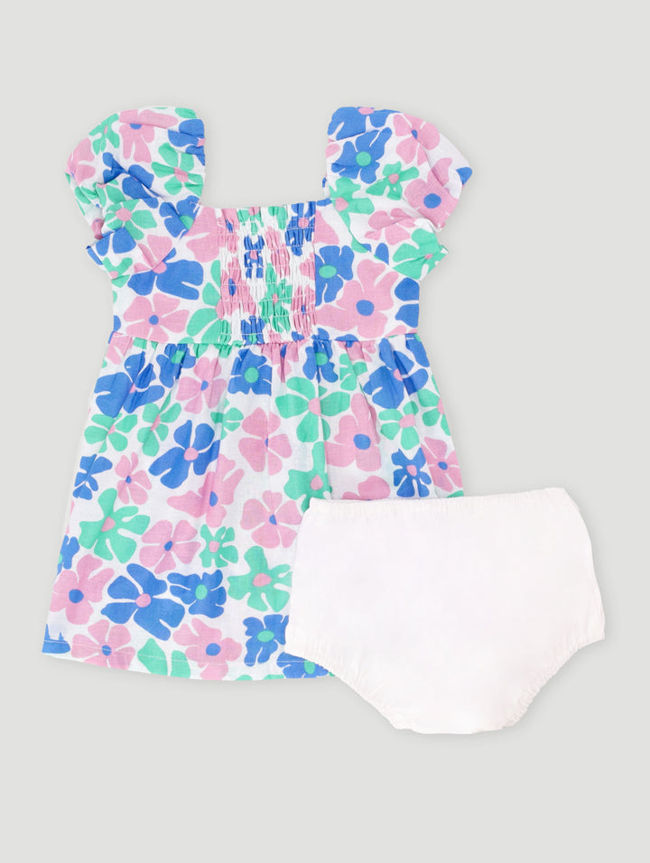 Baby Girls Bubble Sleeve Floral Print Dress - Blue