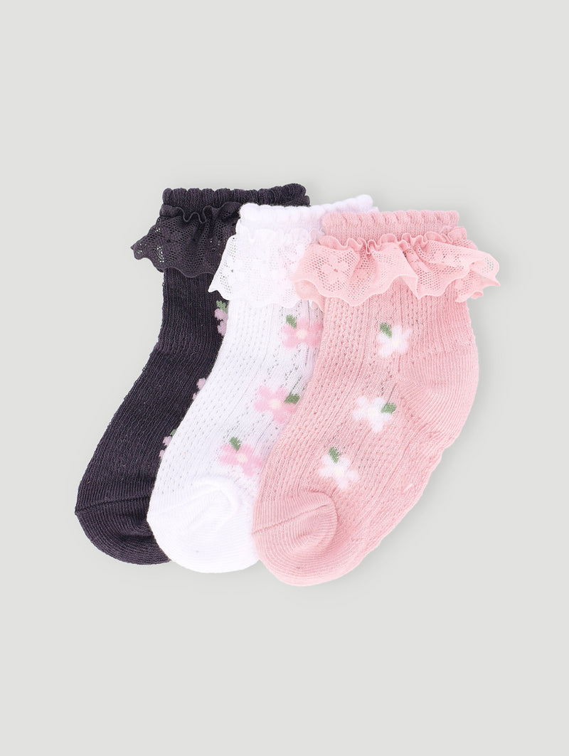 Baby Girls 3 Pack Ruffled Cotton Socks - Cream