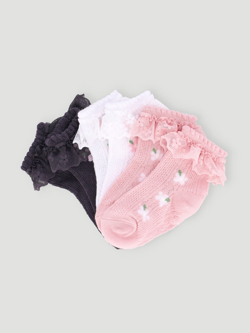 Baby Girls 3 Pack Ruffled Cotton Socks - Cream