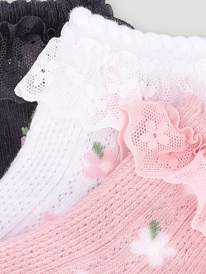 Baby Girls 3 Pack Ruffled Cotton Socks - Cream