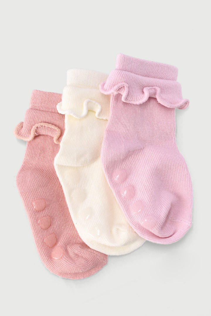 Baby Girls 3 Pack Ruffles Cotton Socks - Dusty Pink/Cream/Nude