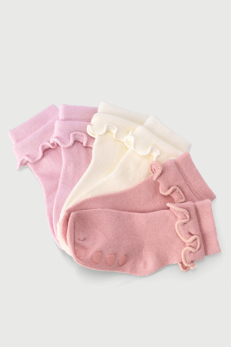 Baby Girls 3 Pack Ruffles Cotton Socks - Dusty Pink/Cream/Nude
