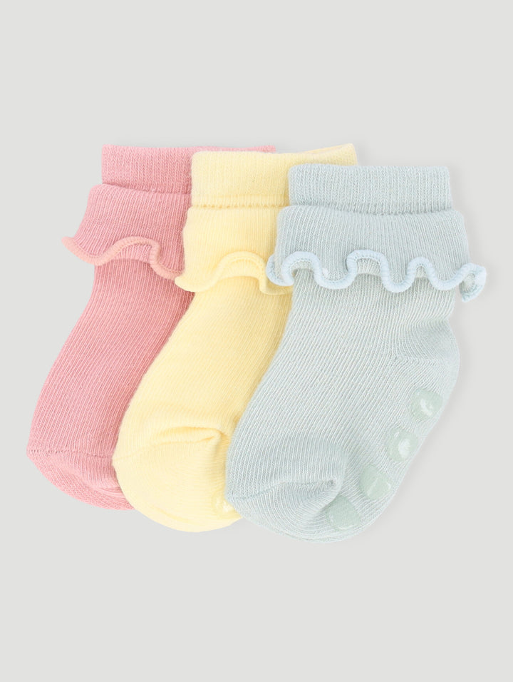 Baby Girls 3 Pack Ruffles Cotton Socks - Dusty Pink/Grey/Yellow