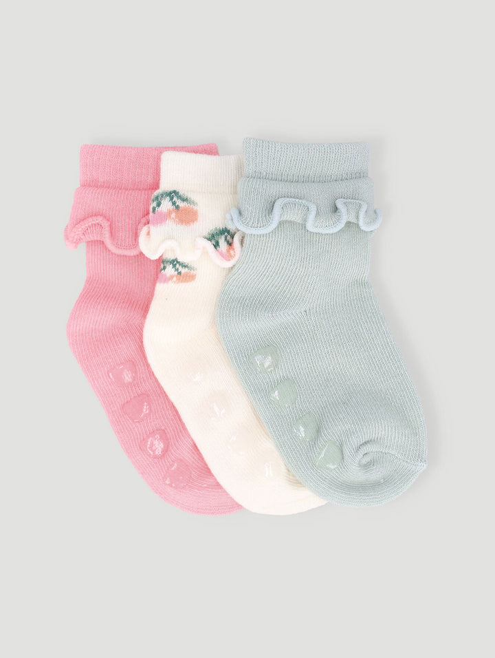 Baby Girls 3 Pack Cotton Ruffles Cherry Socks - Cream/Green