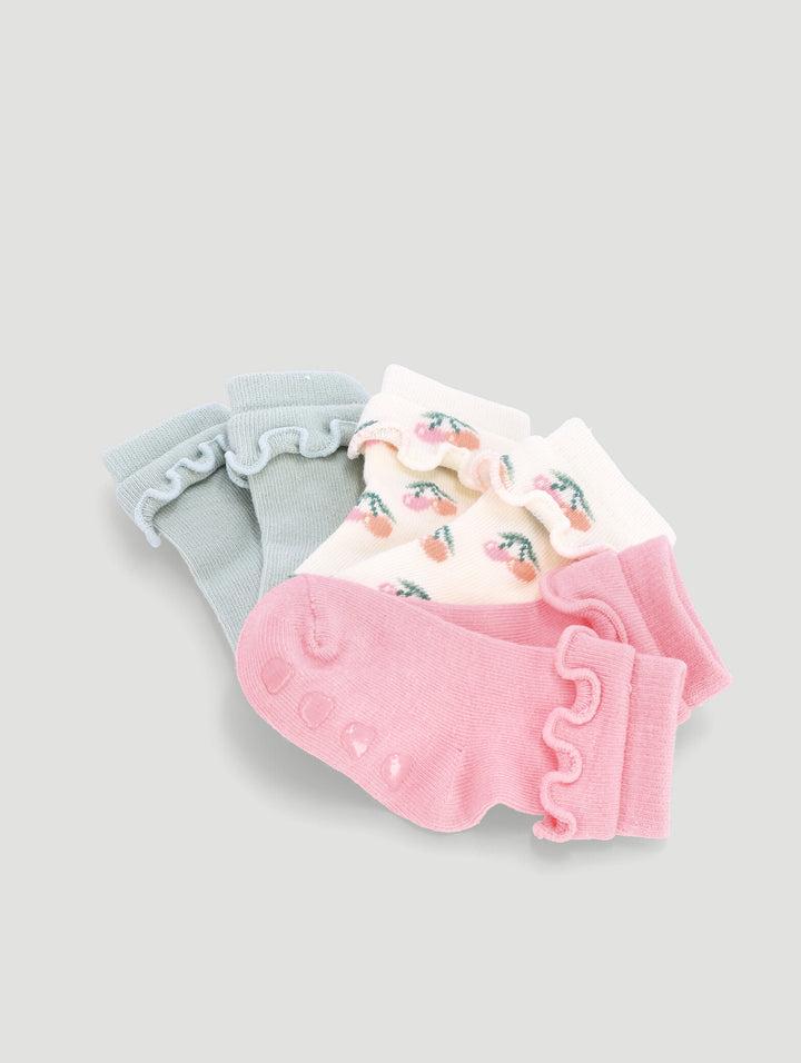Baby Girls 3 Pack Cotton Ruffles Cherry Socks - Cream/Green