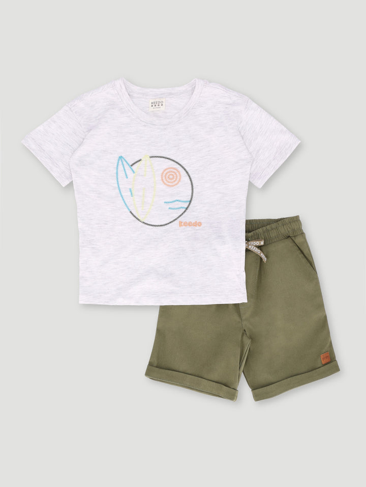 Keedo Boys Surfer Embroidered Set - Grey Melange