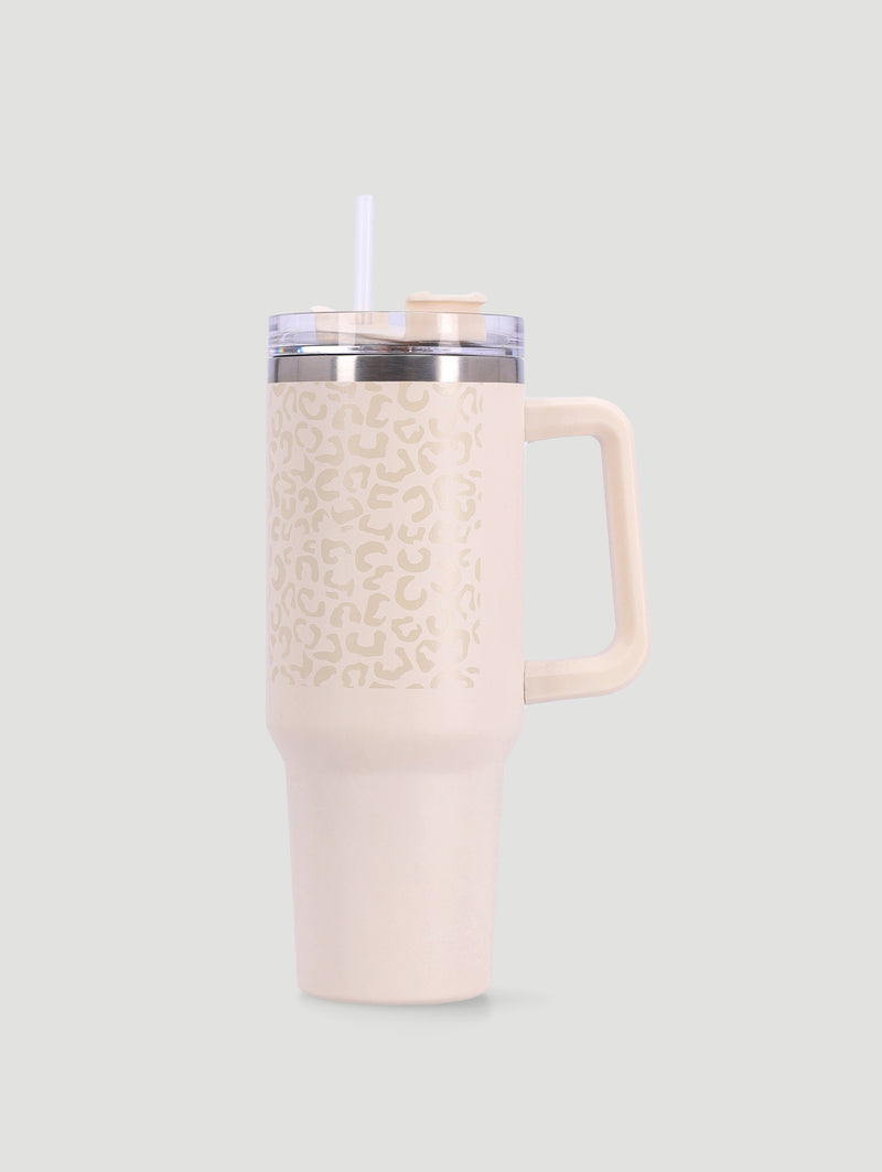 Leopard Printed Large Steel Tumbler with Handle and Straw - 1.2L