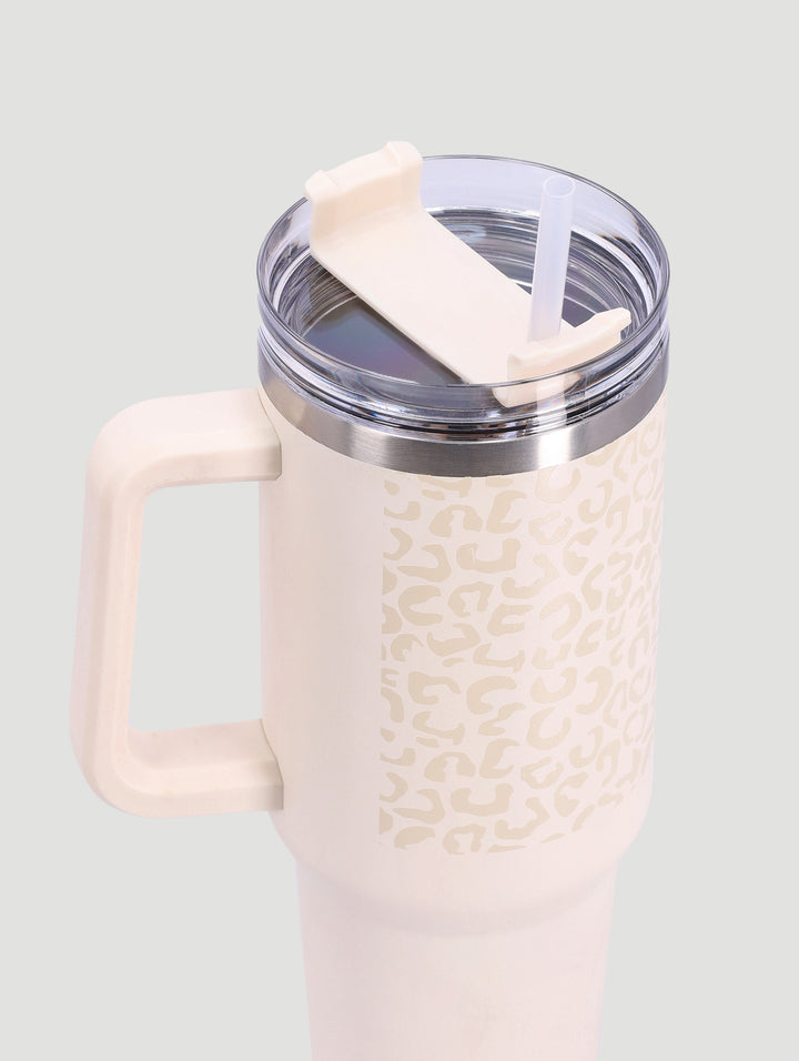 Leopard Printed Large Steel Tumbler with Handle and Straw - 1.2L