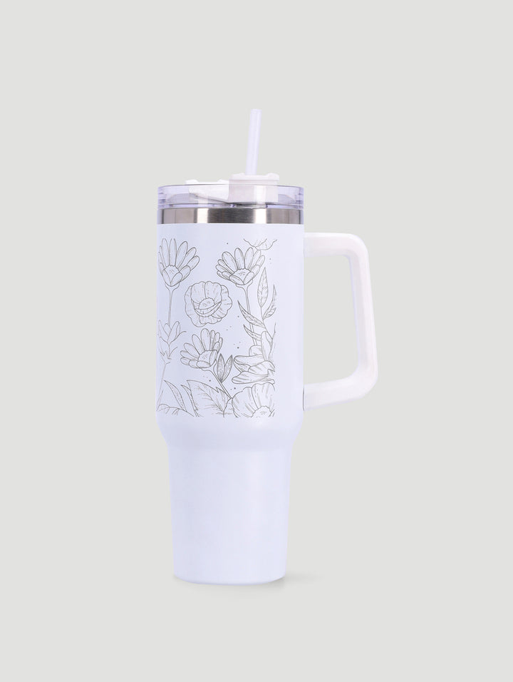 Floral Printed Large Steel Tumbler with Handle and Straw - 1.2L