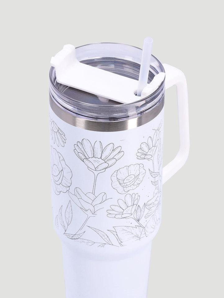 Floral Printed Large Steel Tumbler with Handle and Straw - 1.2L