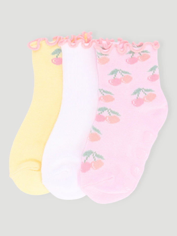 Baby Girls 3 Pack Cherry Lettuce Hem Cotton Socks - Dusty Pink/White/Yellow