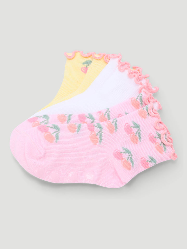 Baby Girls 3 Pack Cherry Lettuce Hem Cotton Socks - Dusty Pink/White/Yellow