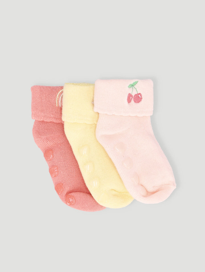 Baby Girls 3 Pack Towelling Rainbow/Cherry/Daisy  Embrodered Socks - Dusty Pink