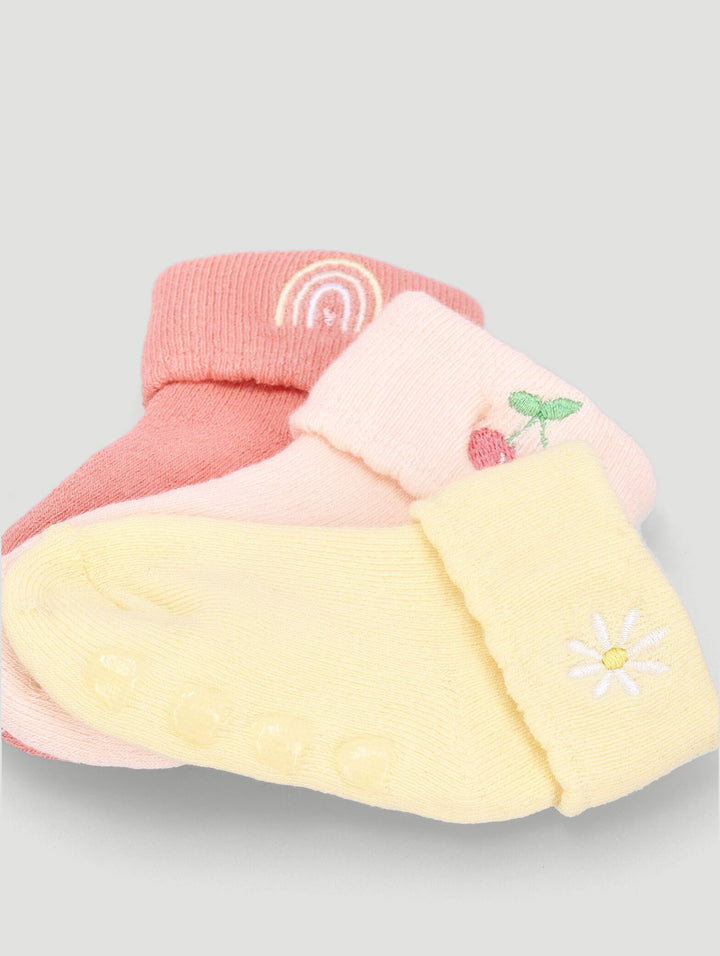 Baby Girls 3 Pack Towelling Rainbow/Cherry/Daisy  Embrodered Socks - Dusty Pink