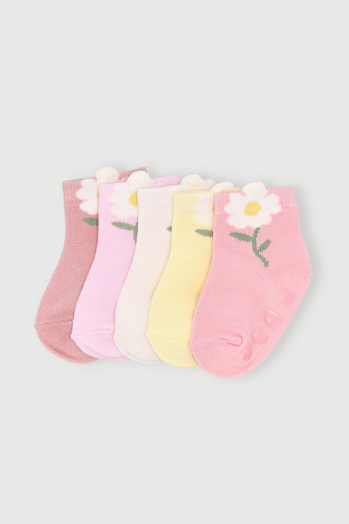Baby Girls 5 Pack 3D Daisy Pastels Cotton Socks - Light Pink