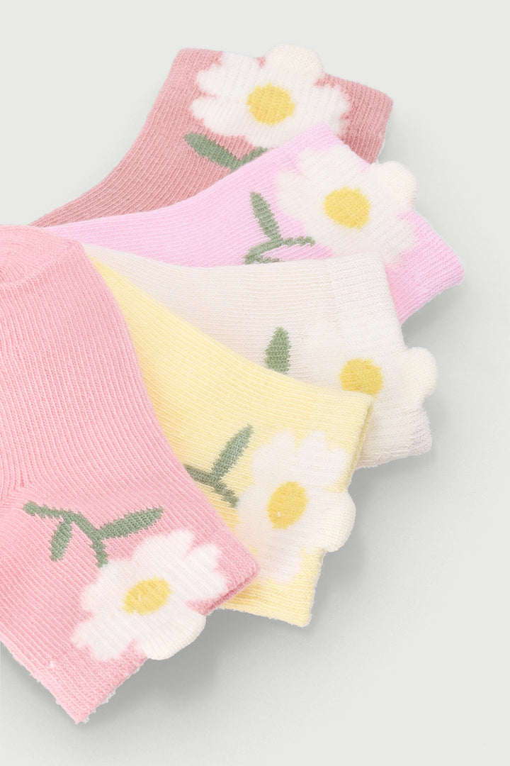 Baby Girls 5 Pack 3D Daisy Pastels Cotton Socks - Light Pink